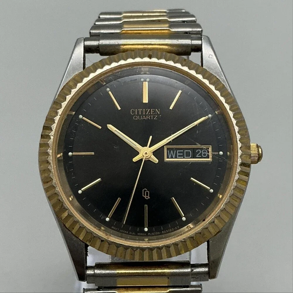 Vintage Citizen 6100 Mens Watch 36mm Day-Date Two Tone Expansion New Battery